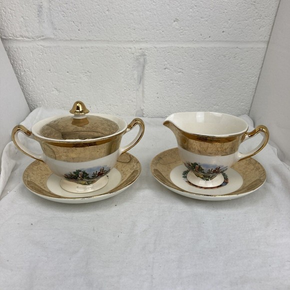 6 PCs Vintage King Quality Fine Colonial Couple Gold 22k US 1960 Sugar & Creamer - Picture 1 of 16